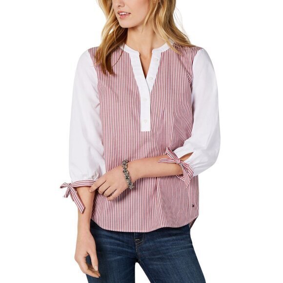 💕TOMMY HILFIGER Large Red White Stripe Poplin Tie 3/4 Sleeve Blouse Top - Picture 1 of 15